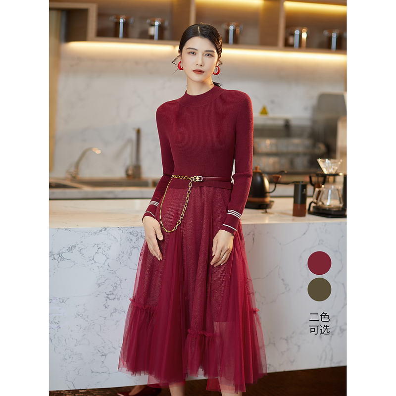 【晨粉专享价】【商场同款】BBLLUUEE粉蓝衣橱2025冬装假两件拼接纱裙