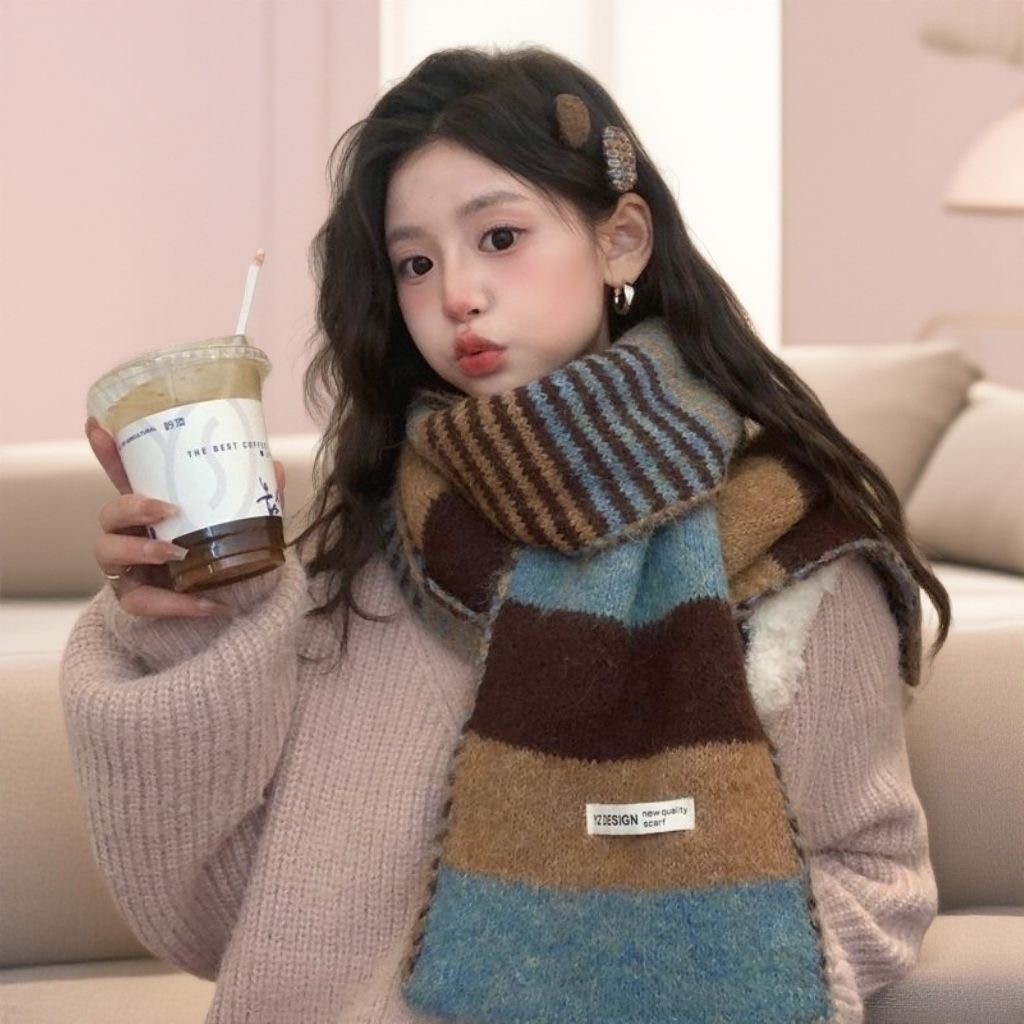 高级感马海毛条纹围巾女冬季韩版拼接时尚保暖针织羊毛混纺围脖潮