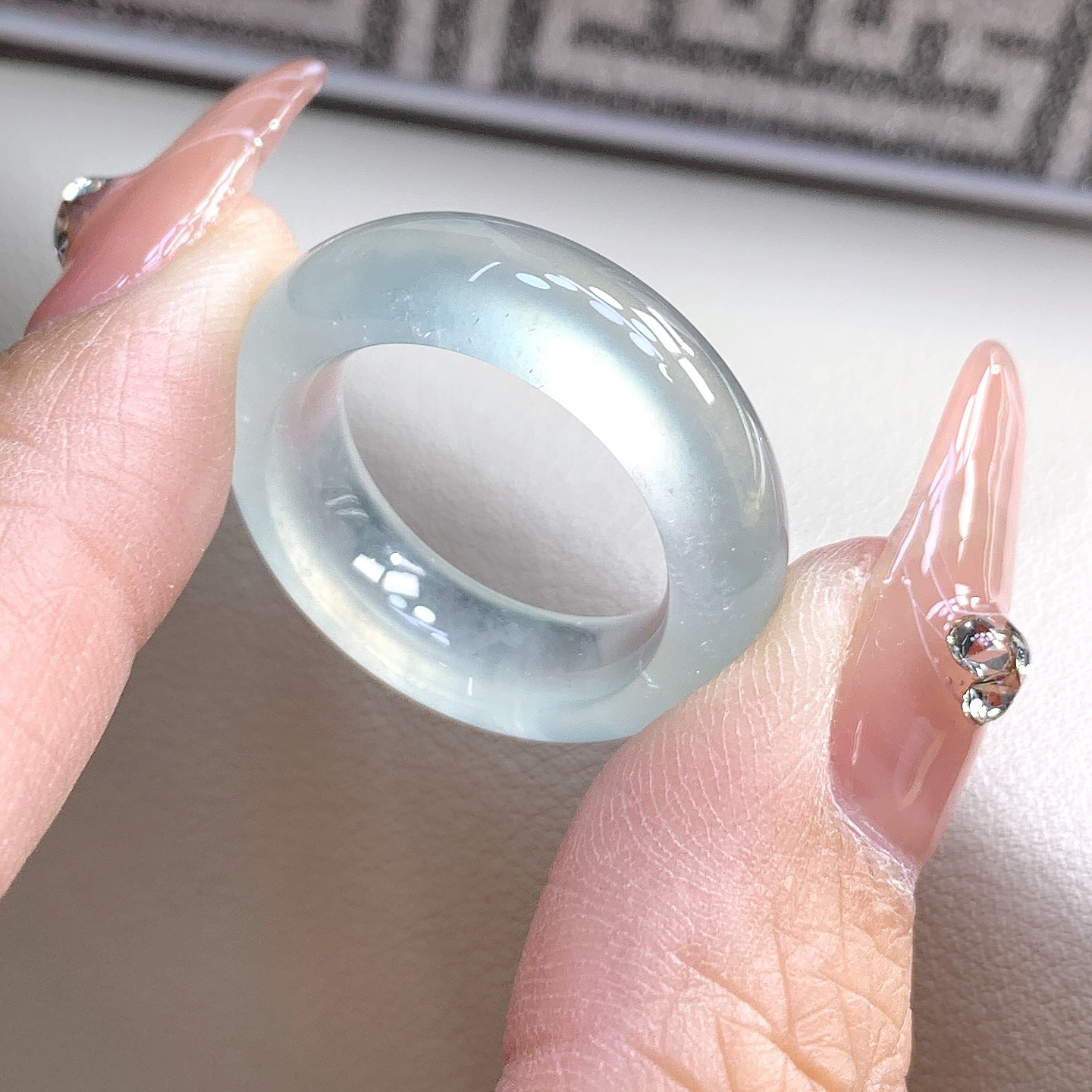 高冰玻璃种宽边厚装 白冰缅甸翡翠玉戒指 18号19号18.1-7.5-5mm