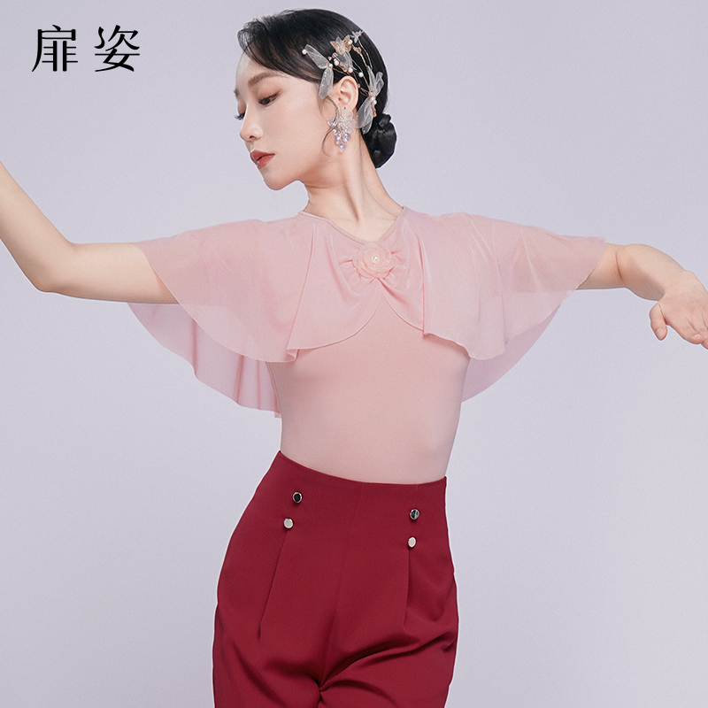 扉姿 摩登舞服女夏季新款连体衣交谊舞遮肉练功服短袖上衣夏F1262