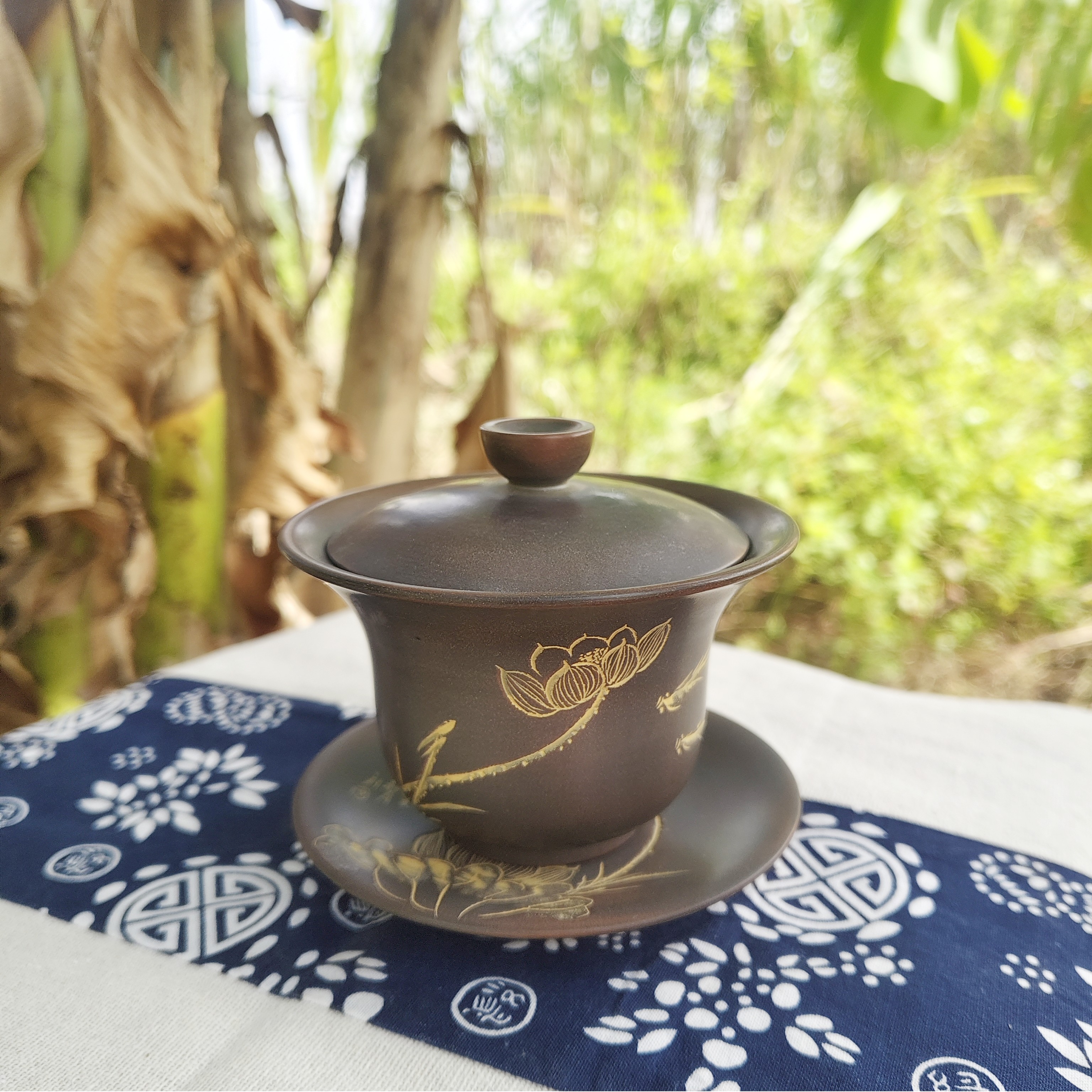 钦州坭兴陶纯手工小容量家用陶瓷茶具荷花盖碗
