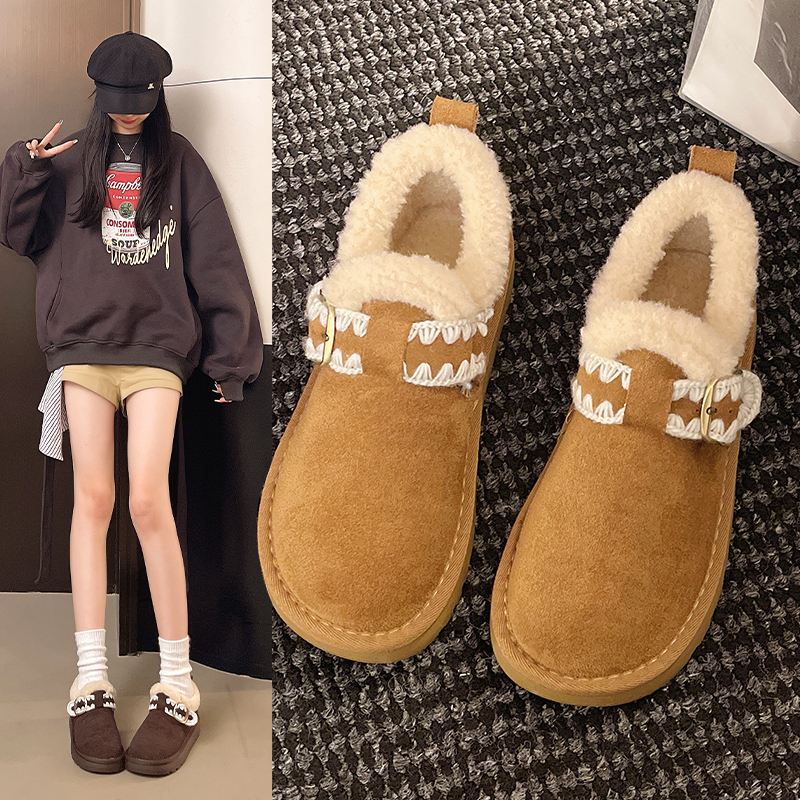 平底加绒全包勃肯鞋女2025冬季新款一脚蹬百搭毛毛鞋大棉雪地靴