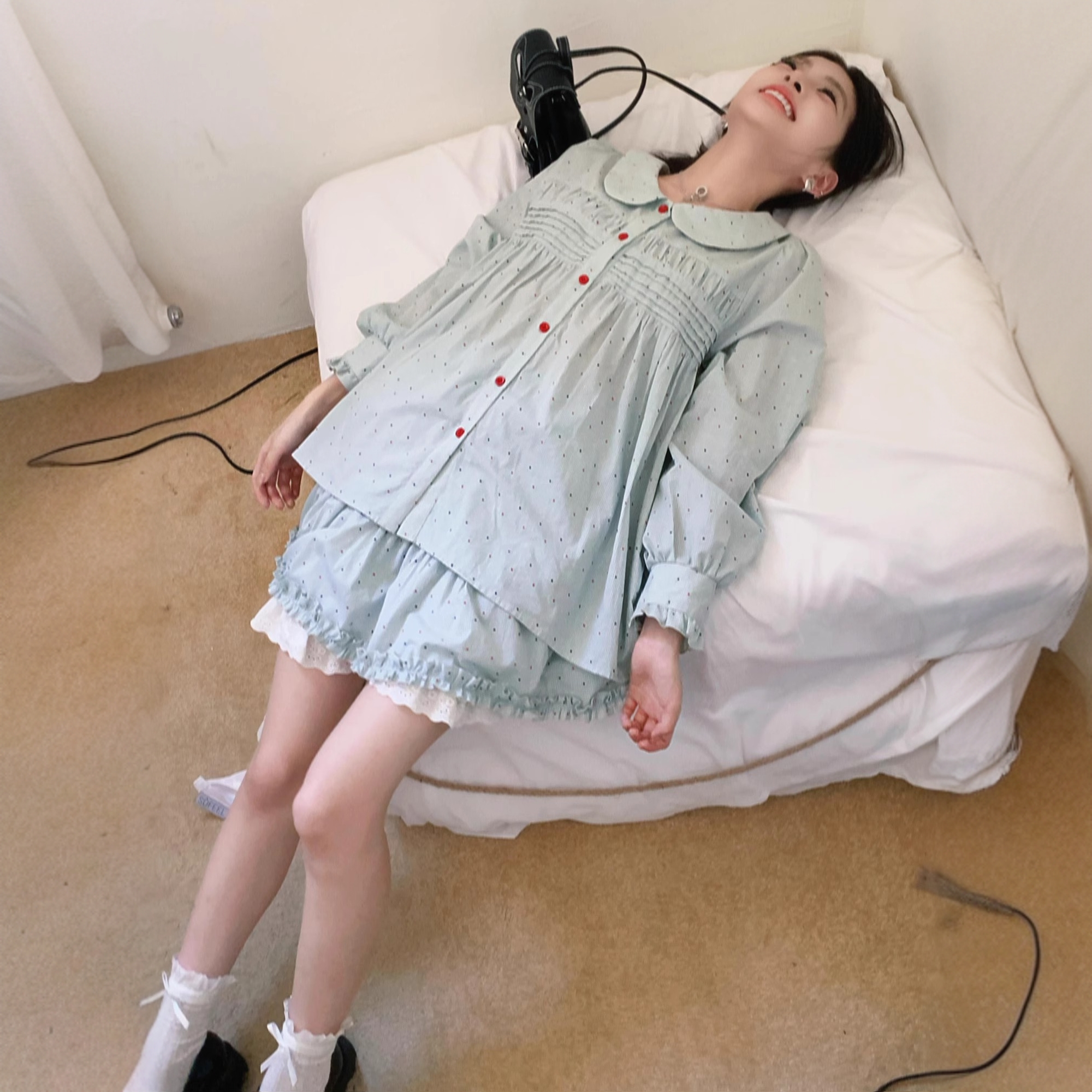水色甜茶 2025春季新款小众减龄波点衬衫套装女裙装两件套
