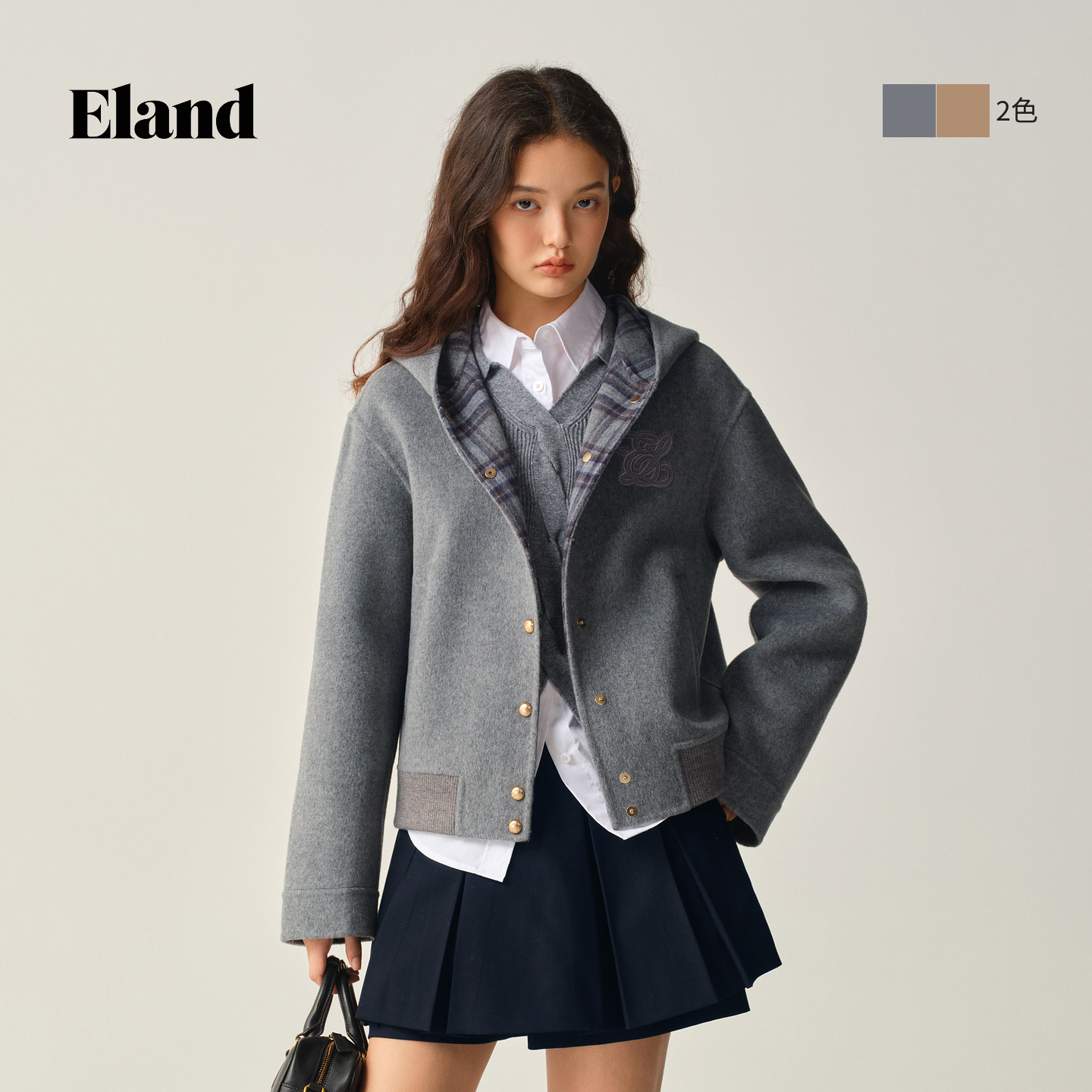 Eland衣恋秋冬新款学院格雷系休闲短款连帽毛呢外套女EEJWF8VT71