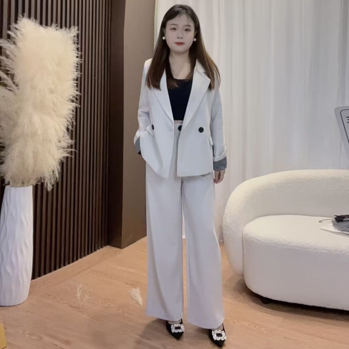 【珍珍专属】小个子新款高级感银白色廓形西装阔腿裤两件套JH2505