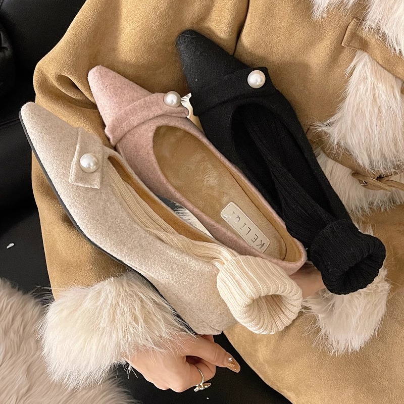 真毛毛新款法式尖头小香晚晚风毛呢子名媛珍珠加绒保暖坡跟单鞋女
