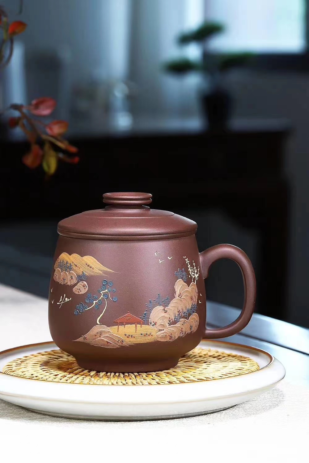 宜兴原矿紫砂手工泥绘山水茶水分离办公家用精美紫砂杯350-400CC
