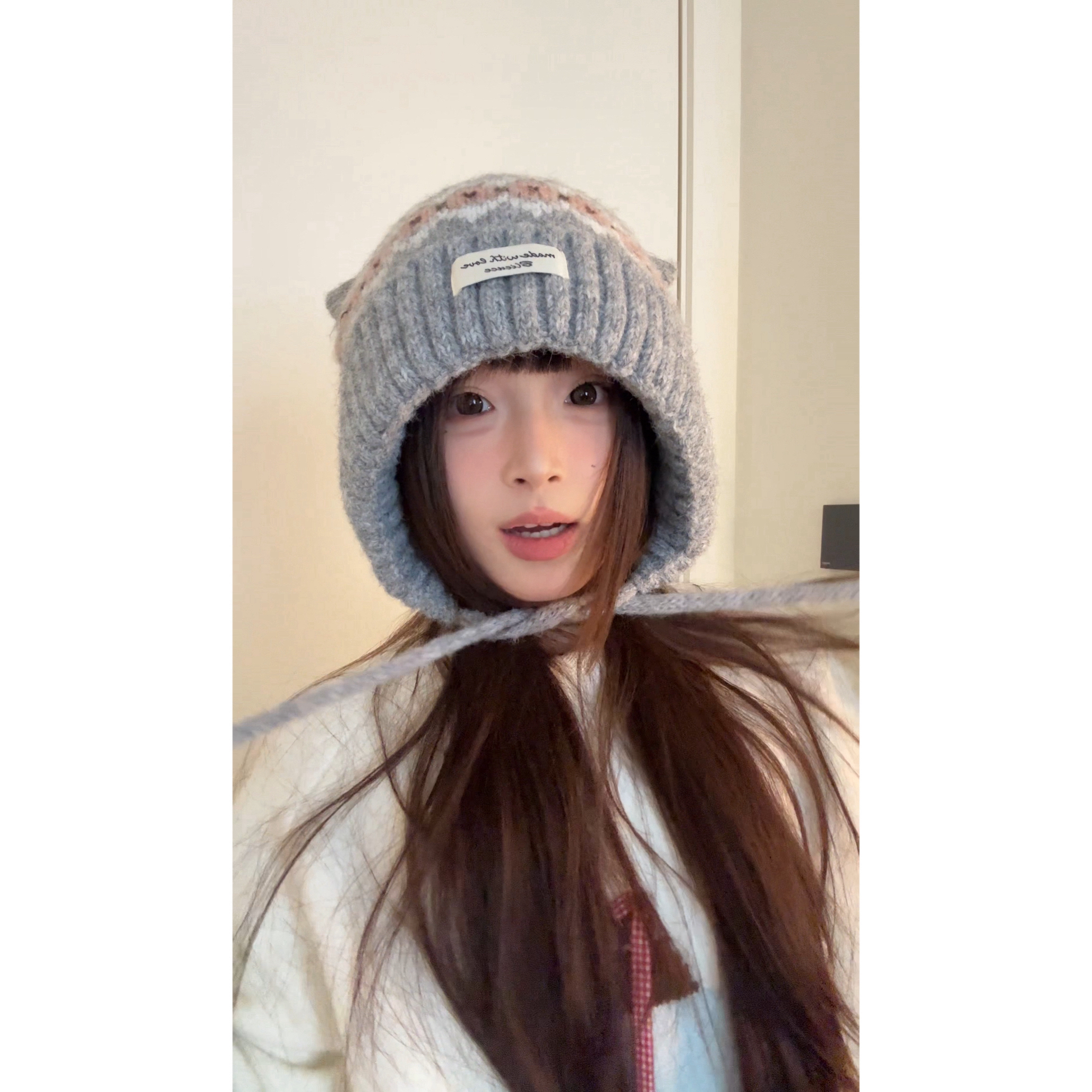 [送耳包]费尔岛风可爱猫耳朵针织护耳帽女秋冬加厚保暖显脸小毛