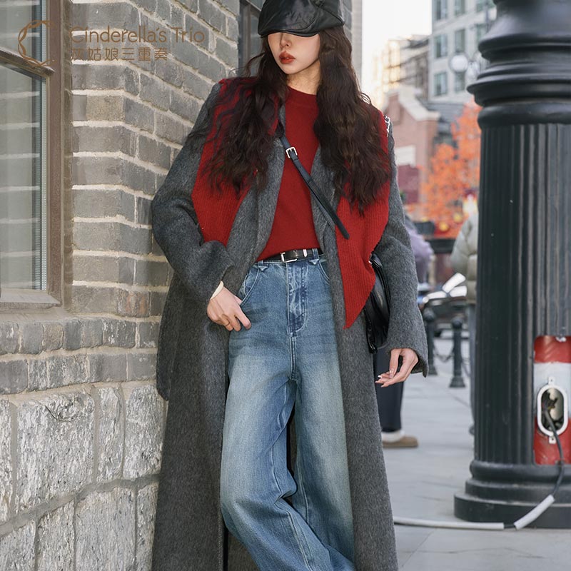 灰姑娘三重奏C·早春新款时尚简约气质灰色中长大衣外套H251118520