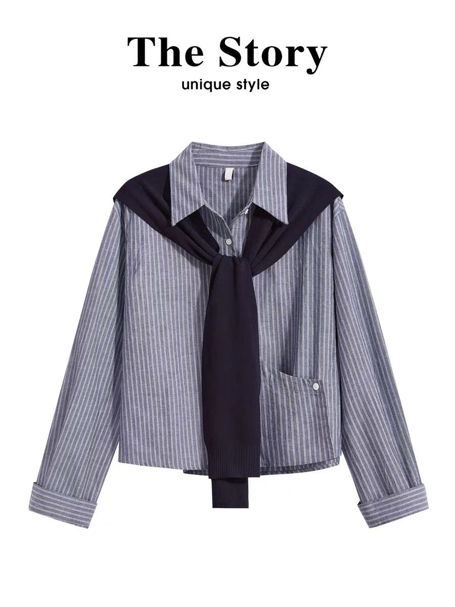 晴晴家591-600 长袖衬衫女2025早秋新款设计感宽松气质带披肩衬衣