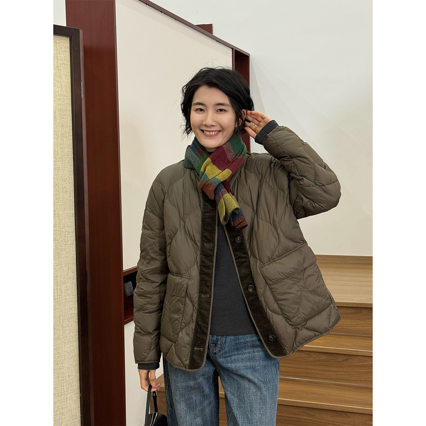 LANGQING 拼接灯芯绒宽松葫芦绗缝白鹅绒羽绒服46999#