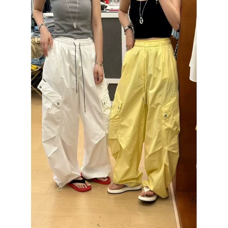 美式工装裤女夏2025年新款宽松高腰阔腿多口袋弯刀束脚休闲裤