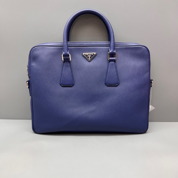 95新 Prada/普拉达 蓝色十字纹手提公文包 无肩带 尺寸36*27 