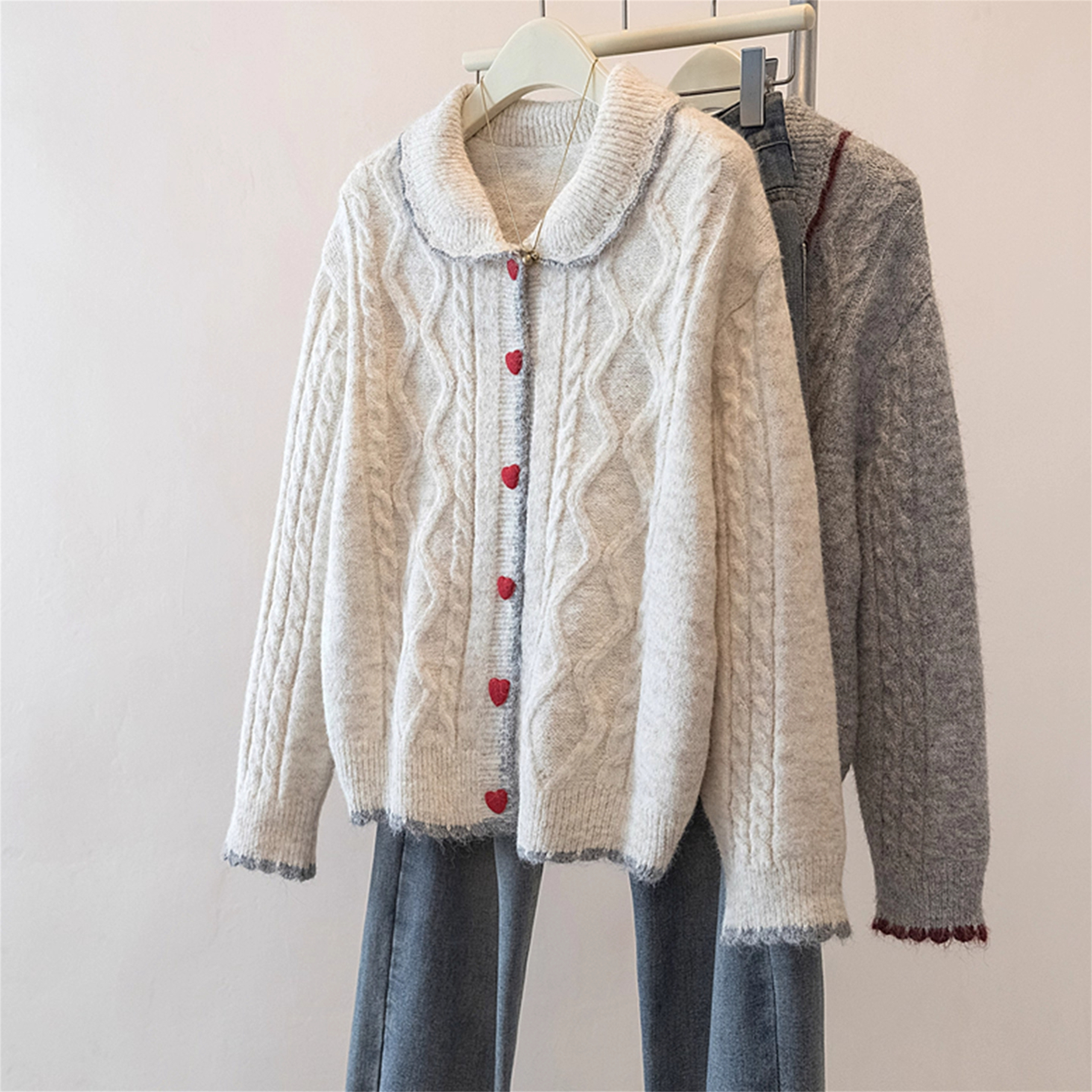 宽松慵懒风翻领麻花针织开衫女秋冬大码胖MM显瘦遮肚百搭软糯毛衣