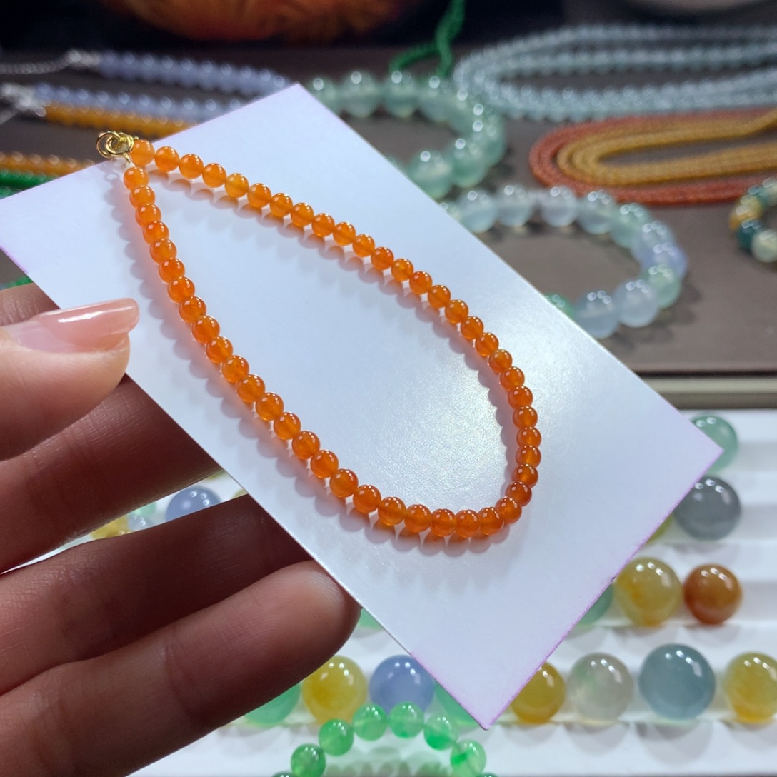 翡翠未镶嵌手链！高货同料！冰润满色橘红卡3.5