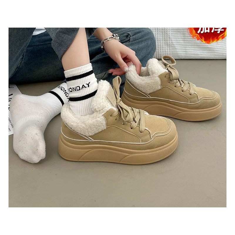 韩系厚底毛毛雪地靴女2025新款冬季加绒系带休闲保暖棉鞋勃肯板鞋