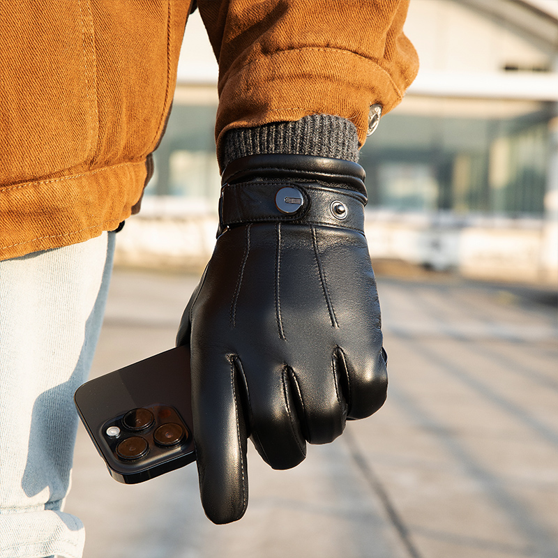 加绒加长手套男厚款秋冬季中年青年触屏山羊皮真皮皮手套男款