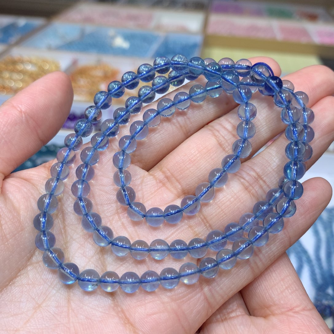 海蓝宝石手链未镶嵌冰透湖水蓝海蓝宝三圈5mm+