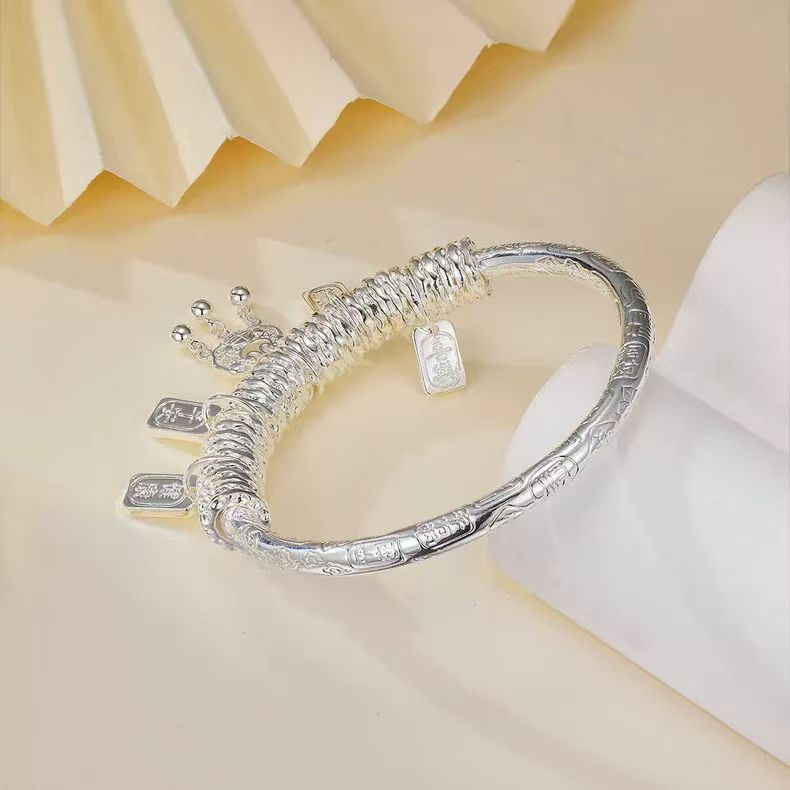 999.9银平安锁平安喜乐吉言牌古法盘缠闭口镯