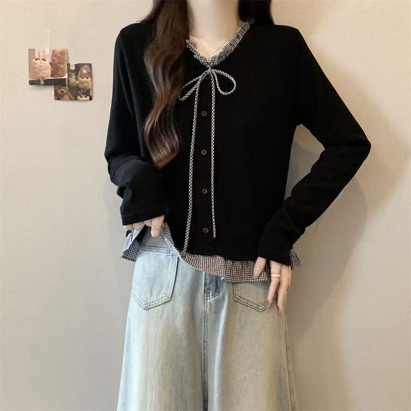 大码假两件木耳边格子拼接V领针织衫女秋冬胖MM百搭显瘦长袖上衣