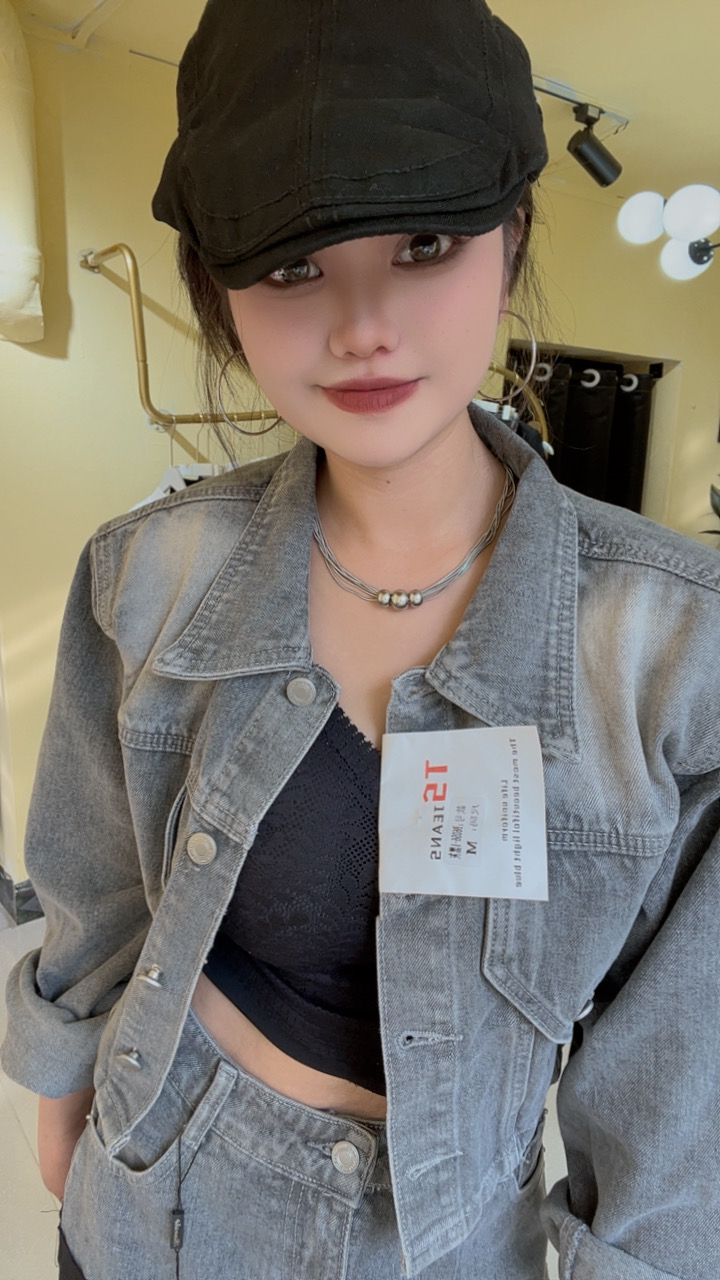 短外套宽松做旧纽扣上衣女纯色单排扣牛仔时尚短款拼接套装