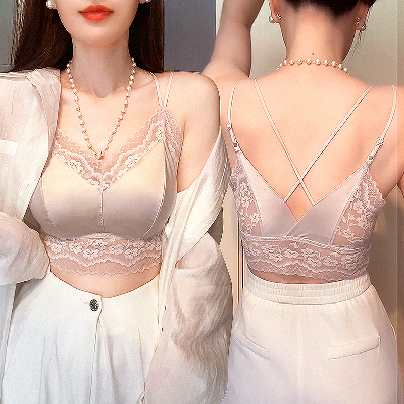 媚姬6321蕾丝美背女士舒适透气一体胸垫吊带小背心内搭文胸一体