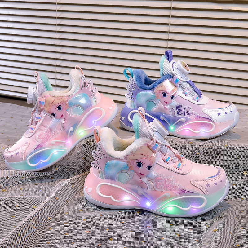 ABC女童亮灯鞋皮面防滑女公主风运动鞋公主冬季大童保暖带灯鞋