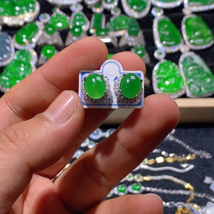 翡翠耳饰银S925镶嵌天然A货翡翠