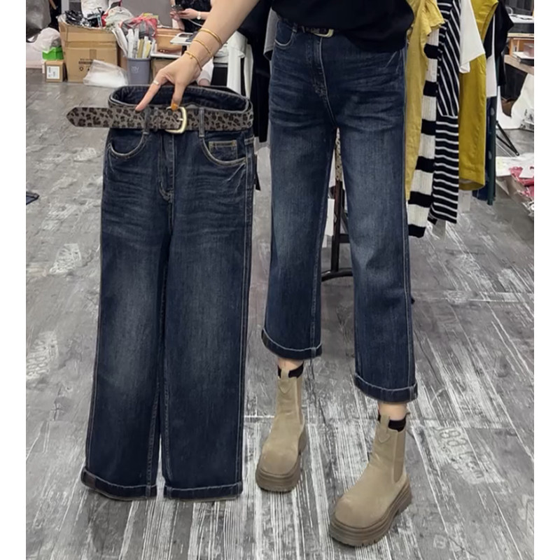 2025年早秋新款大码高腰直筒牛仔裤女小个子穿搭弹力显瘦法棍裤