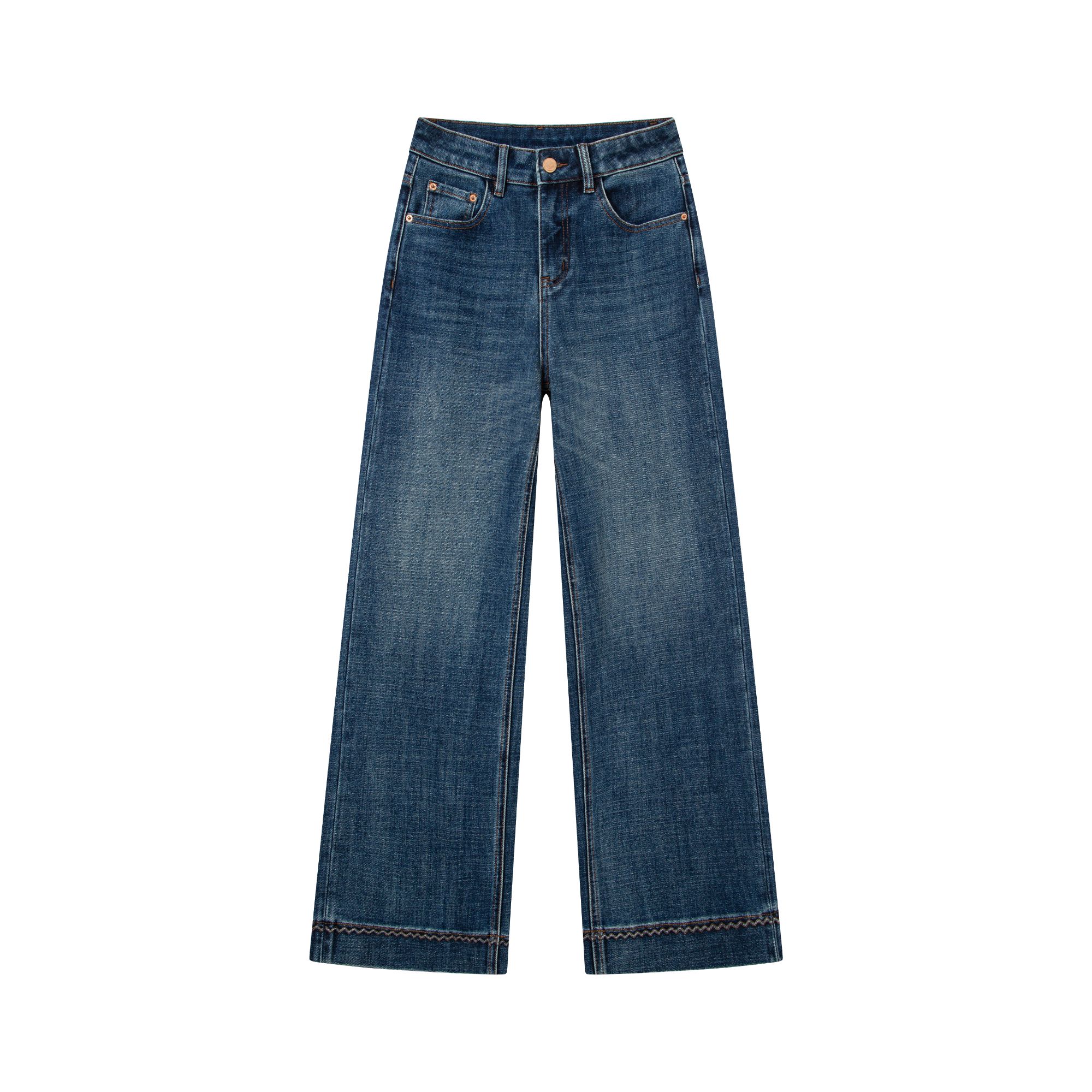 C9020秋季新品/深蓝色直筒四面弹奶奶牛仔裤