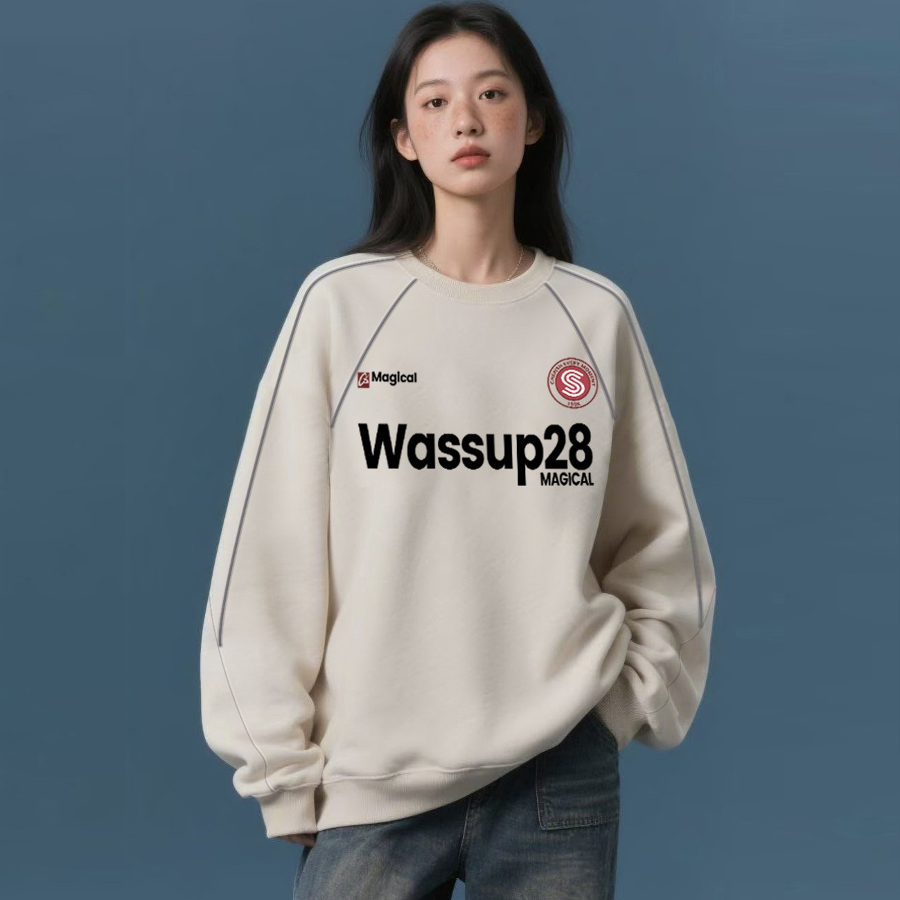 美式休闲加绒加厚圆领反光条卫衣男女同款秋冬时尚宽松流行上衣