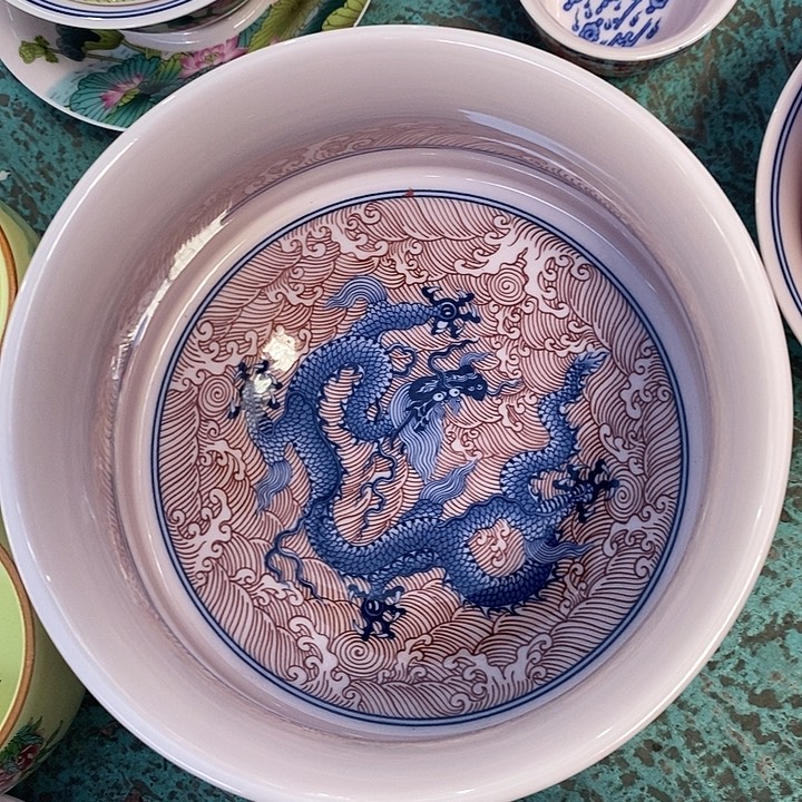 摆件陶红稀土釉里红龙纹水洗