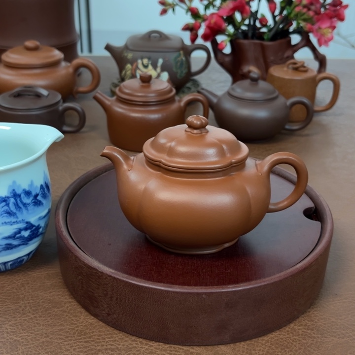 紫砂茶壶经纹海棠小煤窑朱泥壶