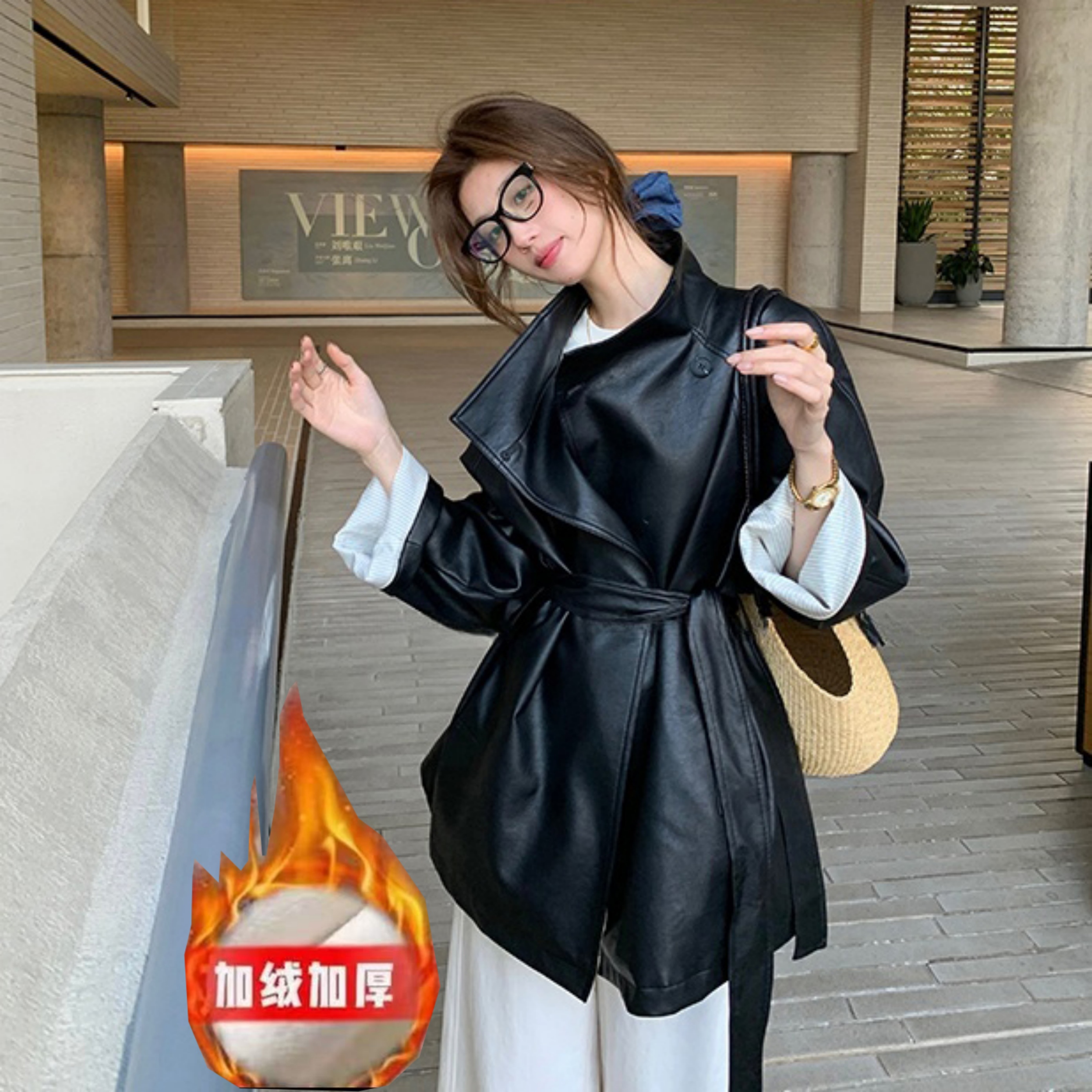 韩女氛围~设计高级感炸街复古黑色PU皮西装皮衣外套女港风上衣