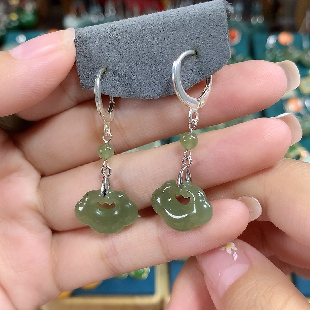 和田玉银S925镶嵌耳饰如意卡16左