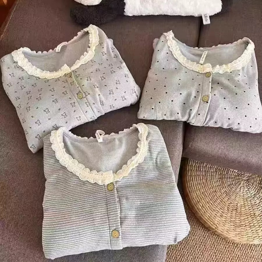 德绒睡衣女长袖蕾丝领开衫甜美爆款居家休闲网红可外穿家居服套装