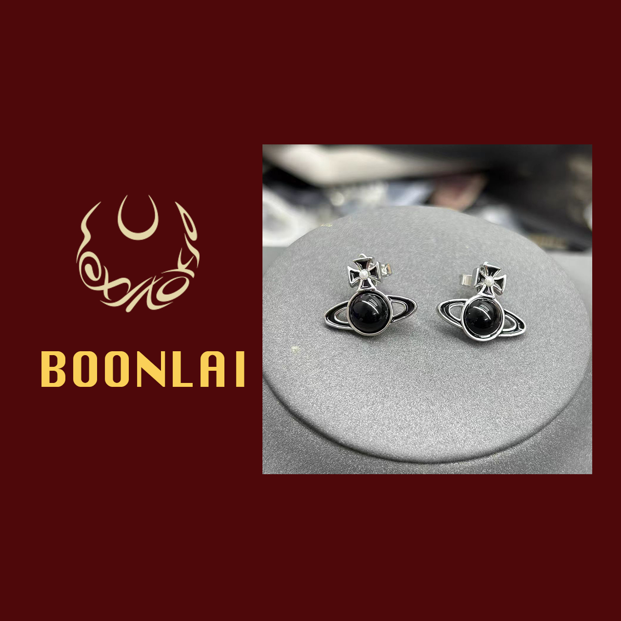 铜合金仿珍珠耳饰 Boonlai 黑色星球耳钉INS风时尚百搭1544