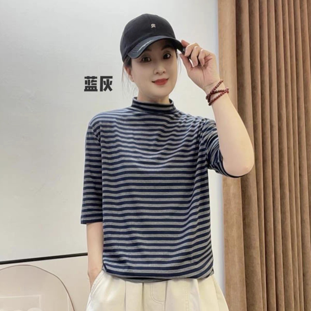 548休闲百搭秋季显瘦时尚中袖条纹半高领套头T恤上衣女潮