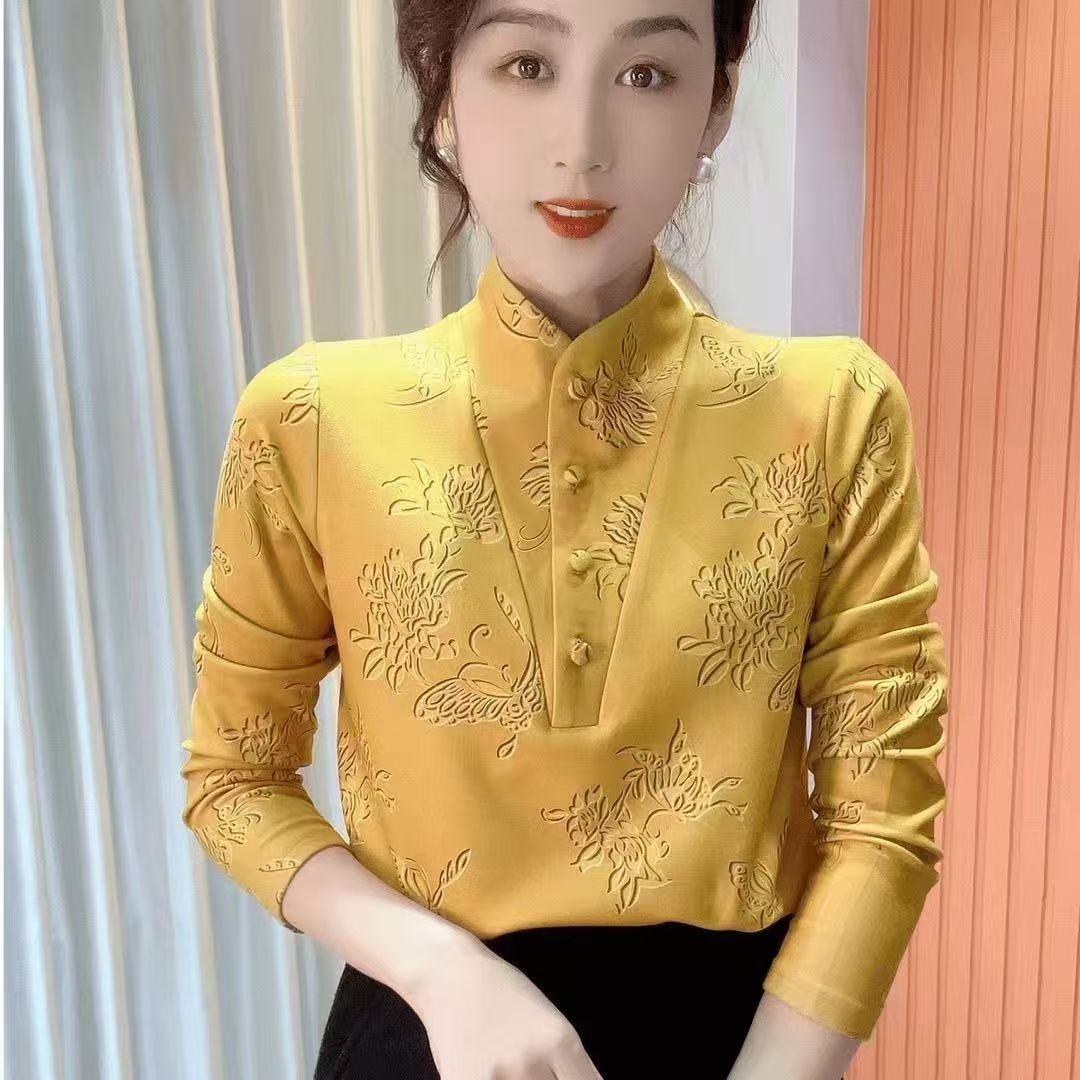 长袖宽松型套头印花国风盘扣女士高领【48h现货速发】印花保暖加绒