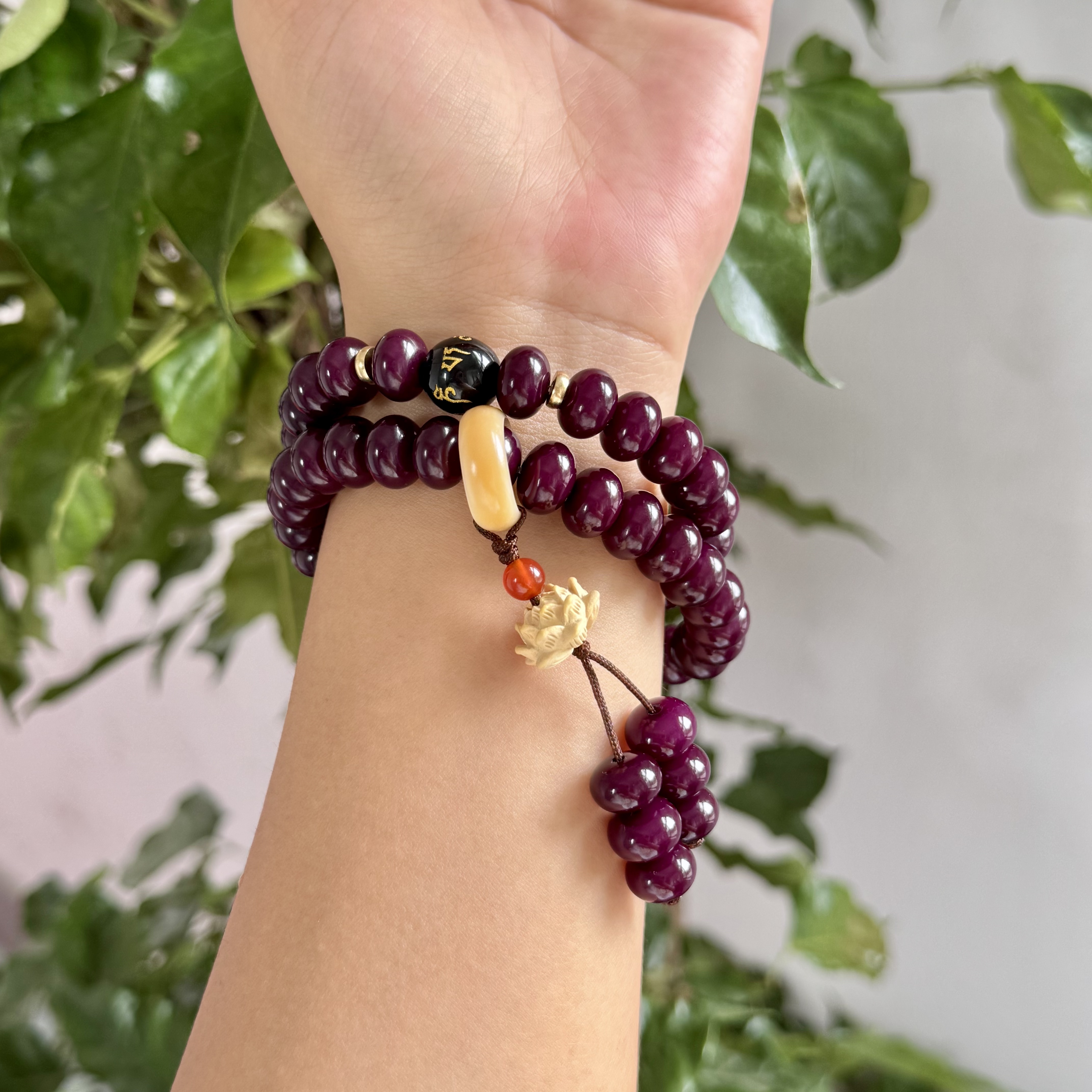 【紫烟】紫玉菩提根双圈菩提紫色贵气女士六字真言手串文玩