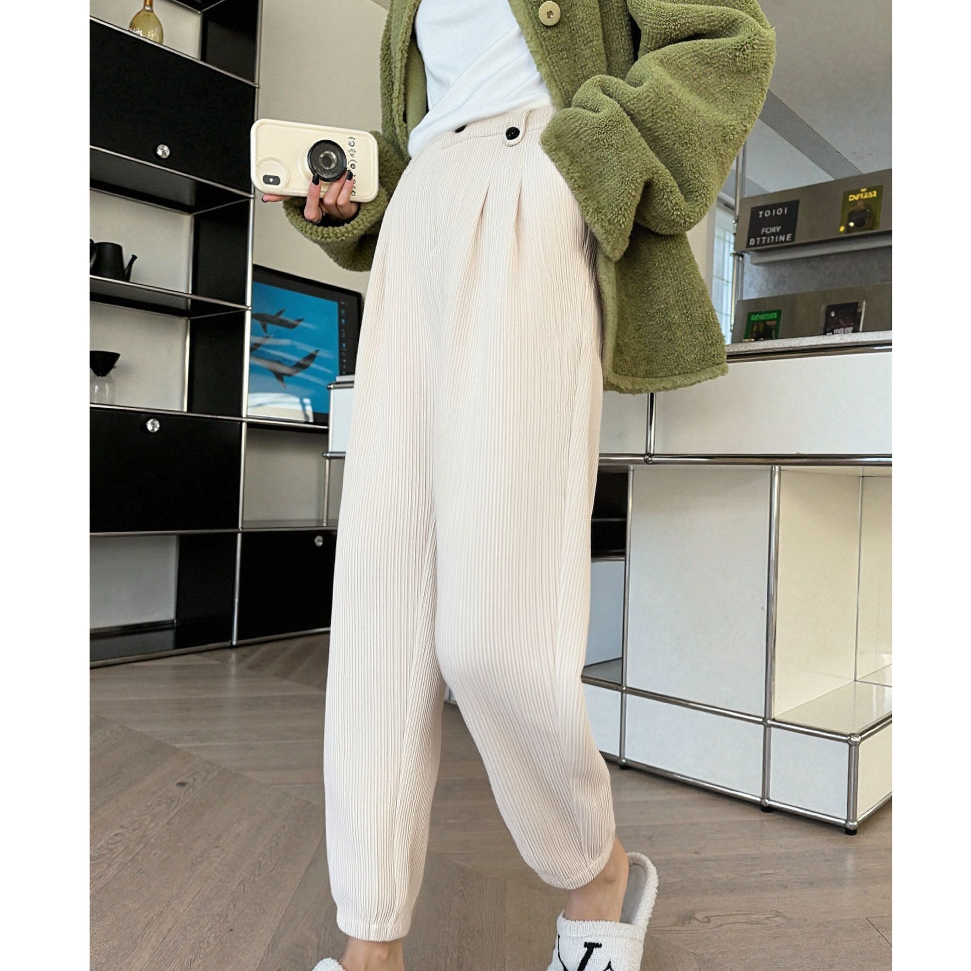 加绒运动休闲女士时尚束脚长裤抽绳松紧卫裤休闲裤1F1058微染色)