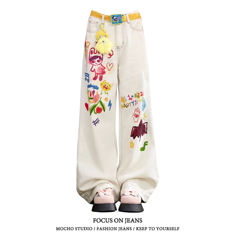 美式高街涂鸦白色阔腿裤女多巴胺卡通手绘印花宽松直筒牛仔裤子潮