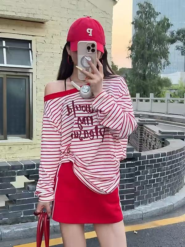 韩系慵懒风条纹字母印花斜肩长袖T恤女夏季显瘦休闲百搭防晒上衣