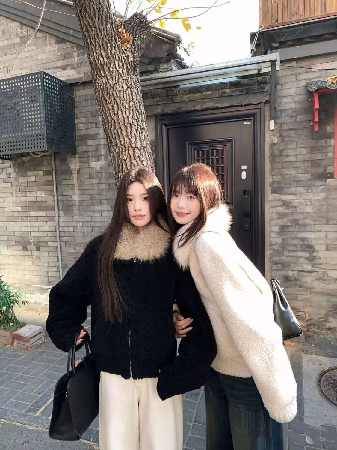 北海道恋曲毛毛领仿羊羔毛拼接皮毛一体皮草外套女仿貉子毛领