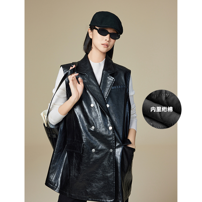 美洋MEIYANG 主唱马甲 绗棉保暖龟裂肌理双排扣仿油蜡PU皮马夹