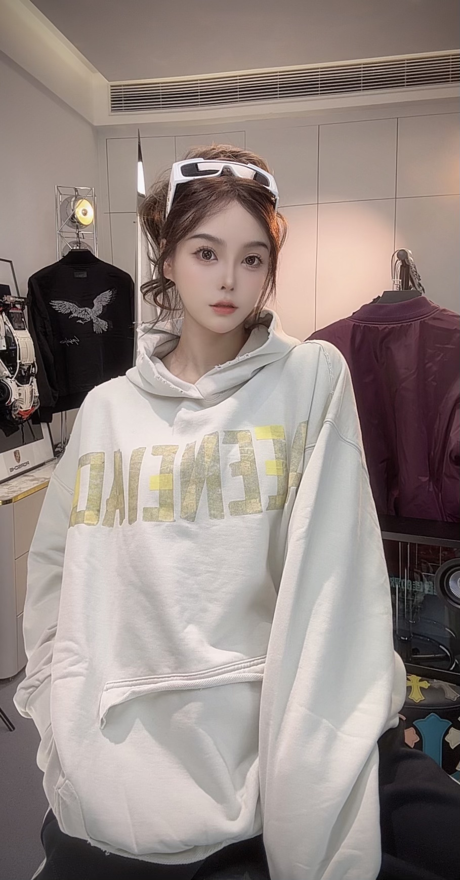 钱老板 [白胶带]百搭卫衣时尚宽松