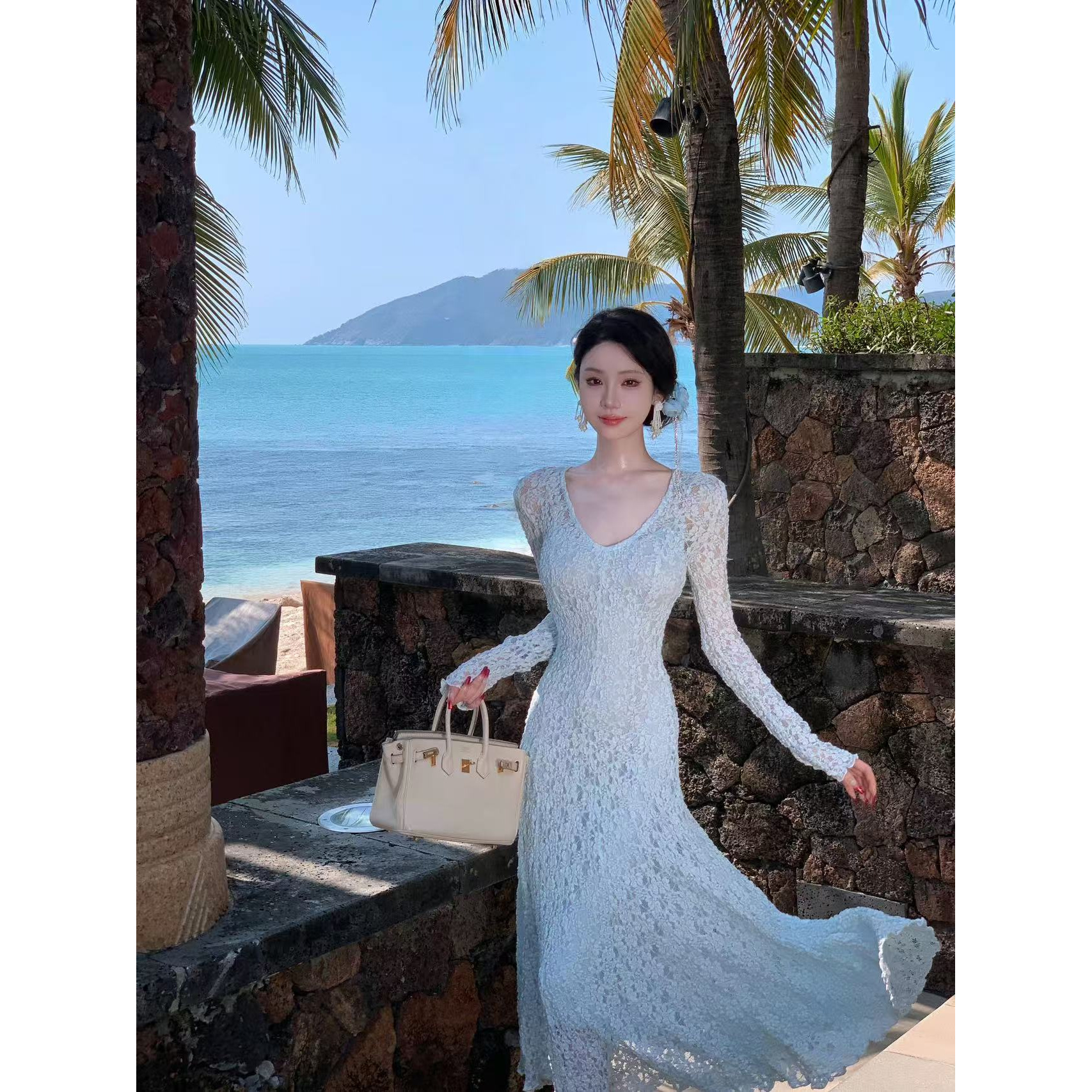 【雅乔定制】冰海夏日 V领收腰大摆蕾丝连衣裙两件套DYTH-24103613