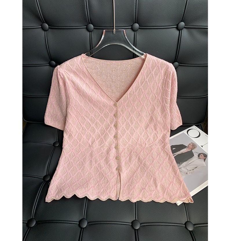 【桑蚕丝】230125设计感气质时尚金丝菱形格修身V领开衫上衣