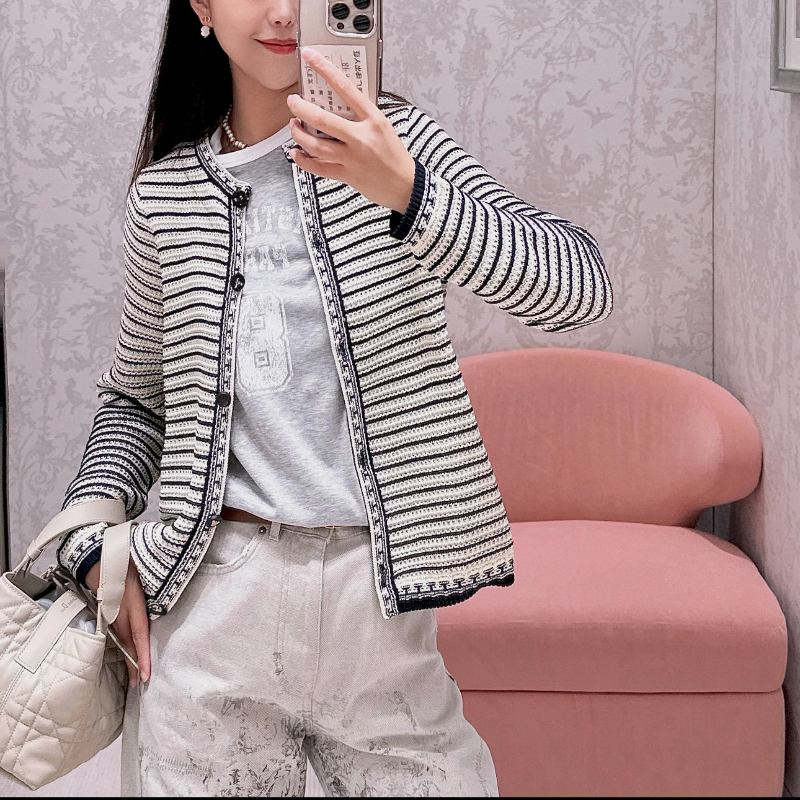 「长芯」南油经典气质条纹撞色针织开衫外套YZ25W11034