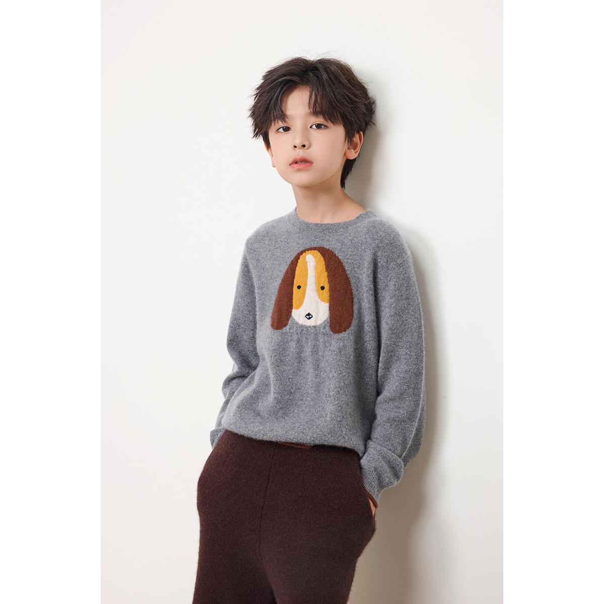 亲子长袖圆领狗狗图山羊绒男童可爱风套头毛衣T25105